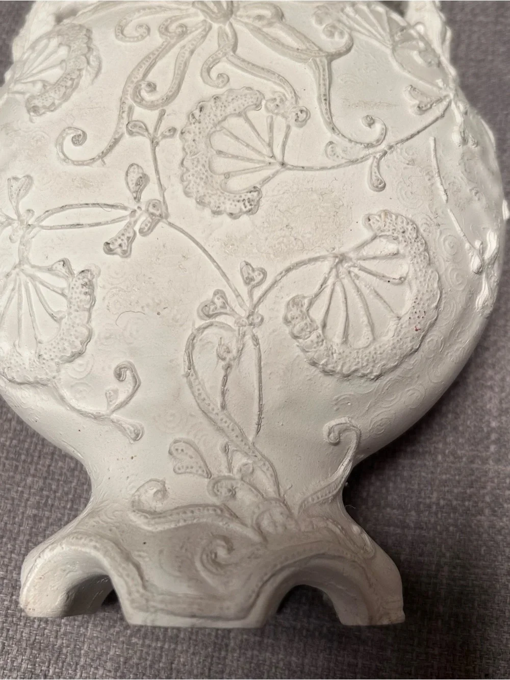 Vtg Continental Blanc-de-Chine Double Handled Porcelain Relief Vase #1220256